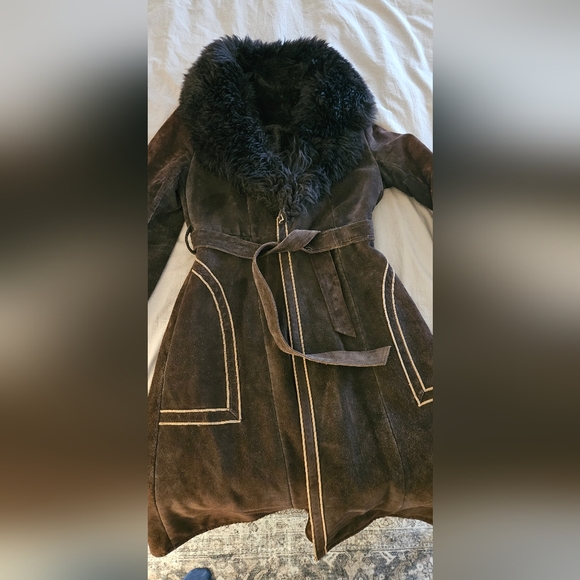✨️RARE✨️ Vintage 70s Union Made Brown Suede Coat Fur Collar - Picture 2 of 14